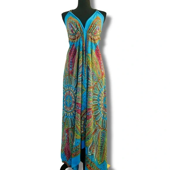 Blue Multicolor Halter Maxi Dress Paisley Boho OS - Picture 5 of 7
